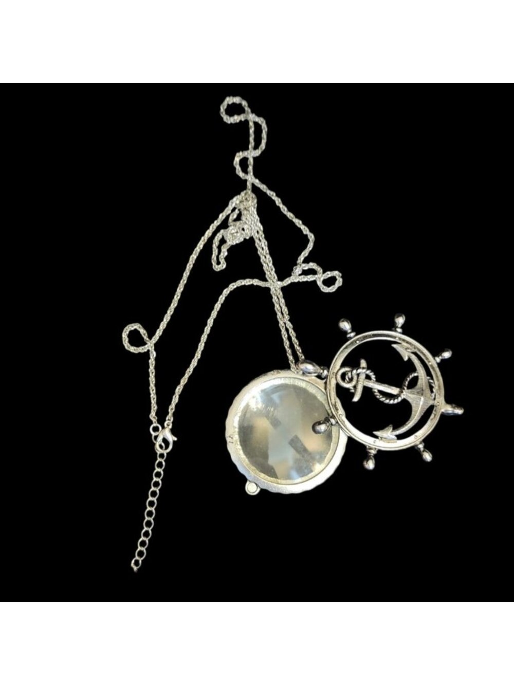 Vintage Anchor Pendant Necklace With Silver Tone Chain & Magnifying Glass